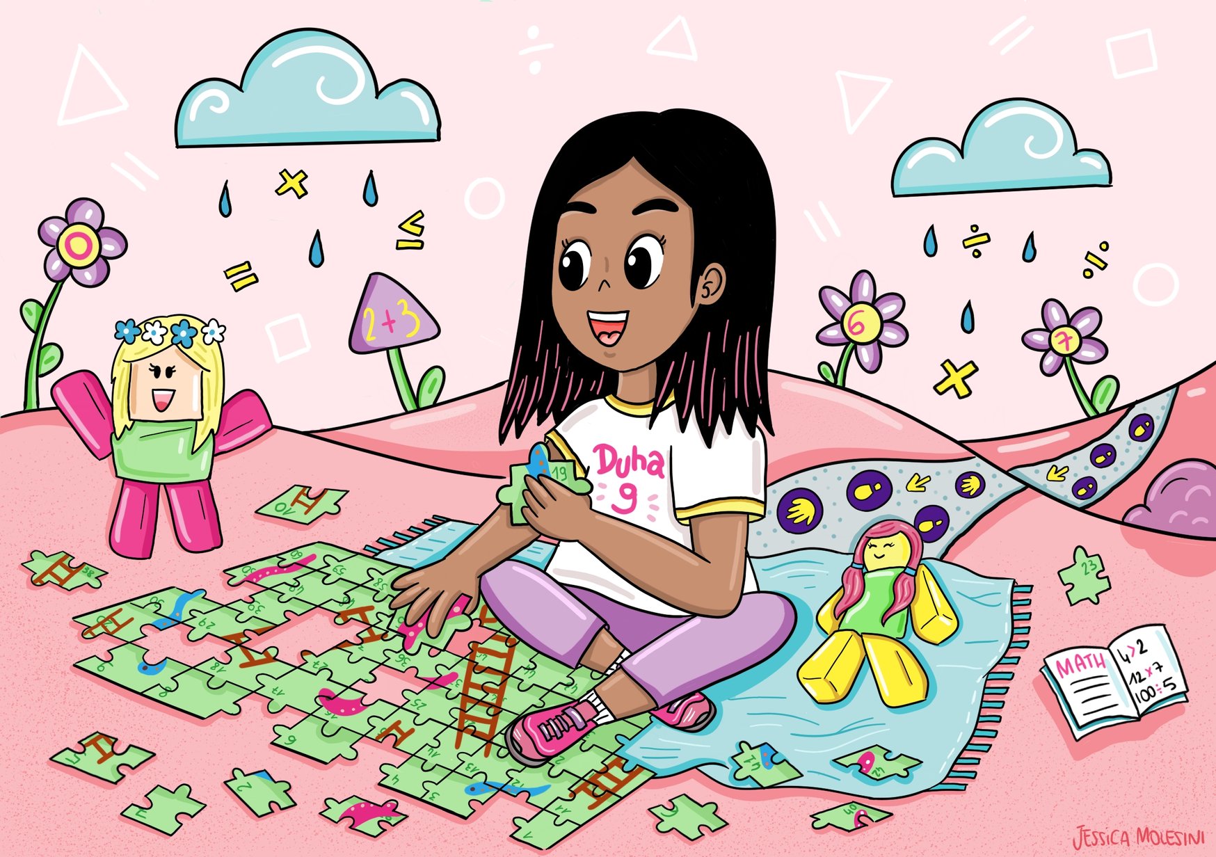 A girl sitting on a blanket assembling a puzzle with a doll nearby, surrounded by flowers, clouds, and rain in a colorful, playful scene.