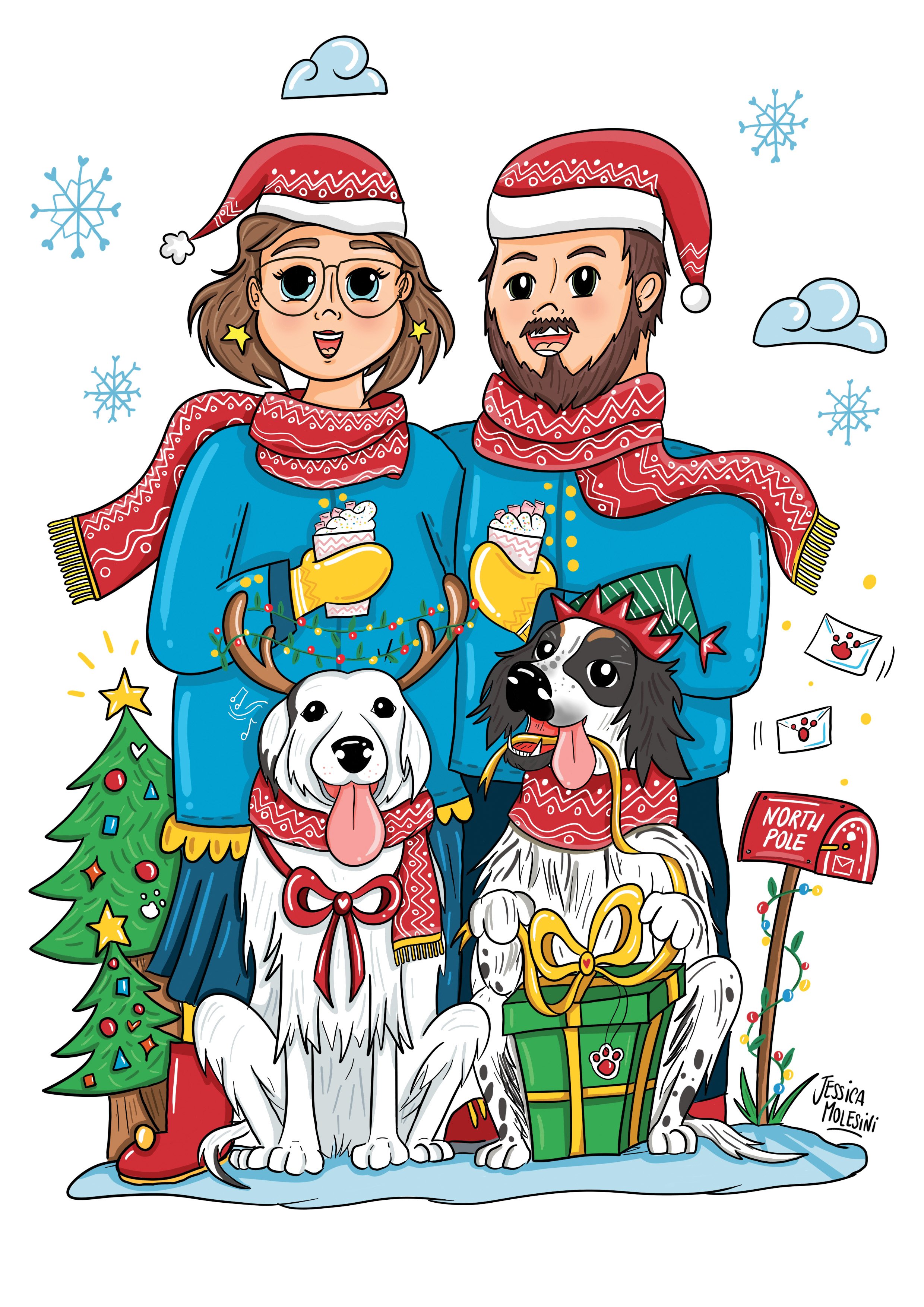 Cartoon of a festive Christmas scene with a man and woman wearing Santa hats, holding drinks, standing with two dogs in holiday attire, surrounded by Christmas decorations, snowflakes, a Christmas tree, gift, and a North Pole mailbox.