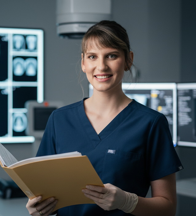 Profissional de saúde em um hospital, segurando um caderno, com monitores de imagem médica ao fundo.