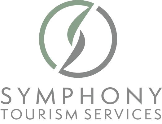 Logo of Symphony Tourism Services, featuring a stylized compass with green and gray segments and the company name in gray text.