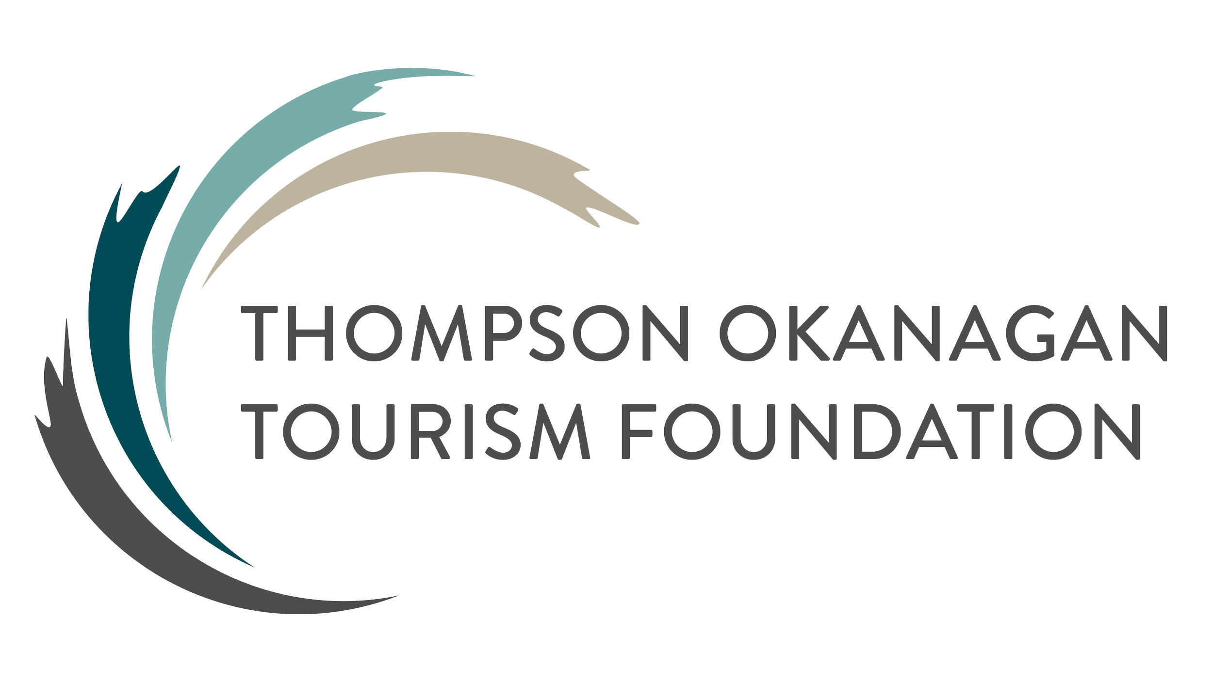 Thompson Okanagan Tourism Foundation logo with abstract curved shapes in shades of blue, beige, and gray surrounding the text.