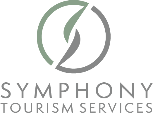 A logo for Symphony Tourism Services, featuring an abstract circular design with green and gray segments and the company name beneath.