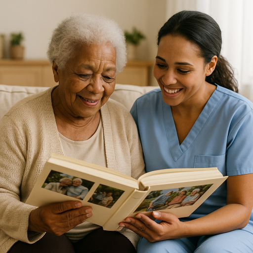 Caregiver and senior female looking at photo album