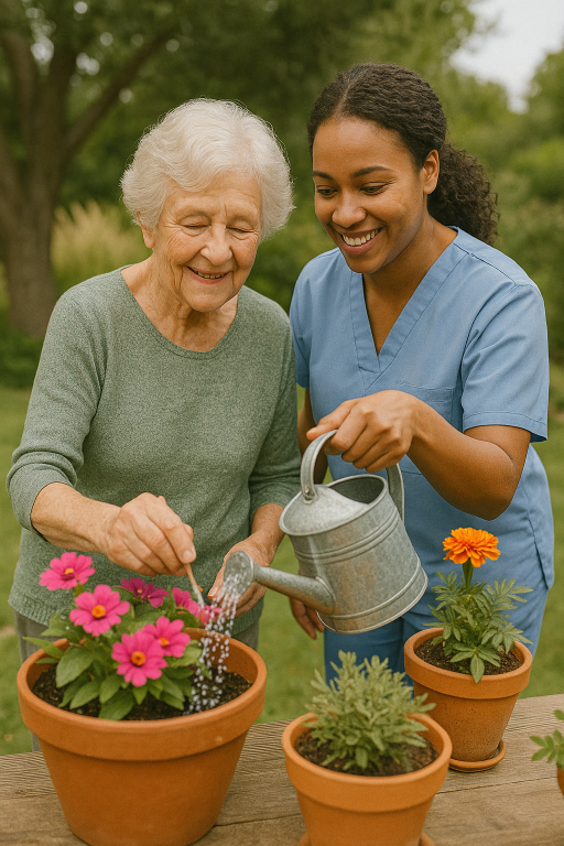 Caregiver and Senior Female gardening together
