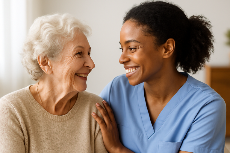 Caregiver and Senior Female smiling