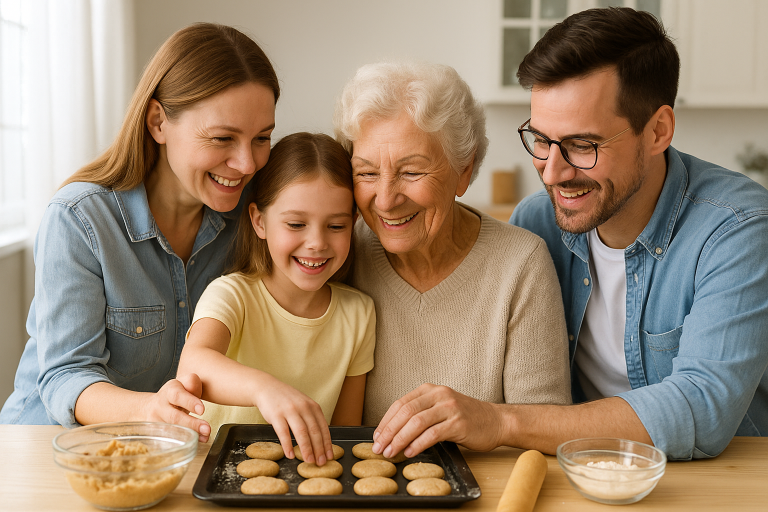 Family baking cookies with grandma