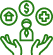 An icon image of two outstretched hands around a man and three symbols: a house, a dollar sign, and a first aid sign