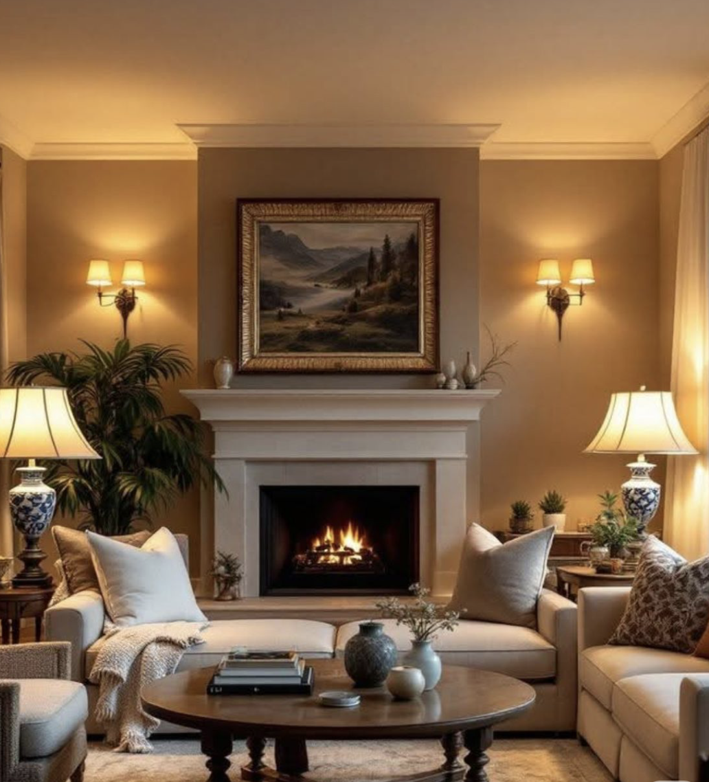 A warm, curated living room with a glowing fireplace, neutral sofa, round wooden coffee table, and a vintage landscape painting, demonstrating a timeless interior design aesthetic.