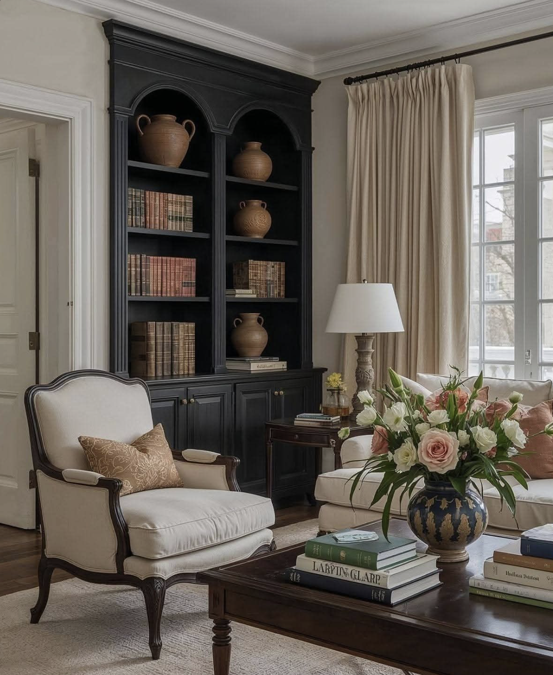 A sophisticated living space featuring dark built-in bookshelves, a classic armchair, layered lighting, and fresh florals, capturing a transitional Nancy Meyers style decor.