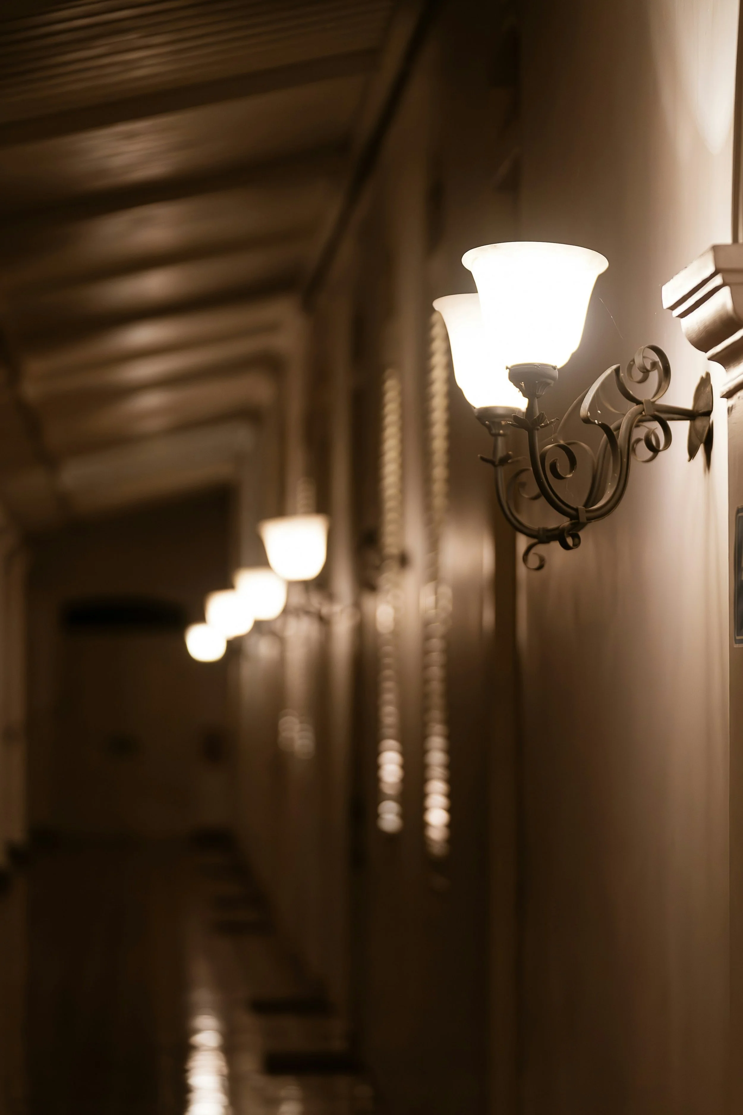 Moody brass sconce lighting and vintage furniture illustrating a dark, romantic interior design aesthetic.