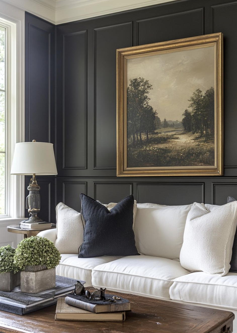 A moody, vintage-inspired living room with dark paneled walls, a classic white sofa, traditional table lamp, and an antique landscape painting for an elegant home aesthetic.