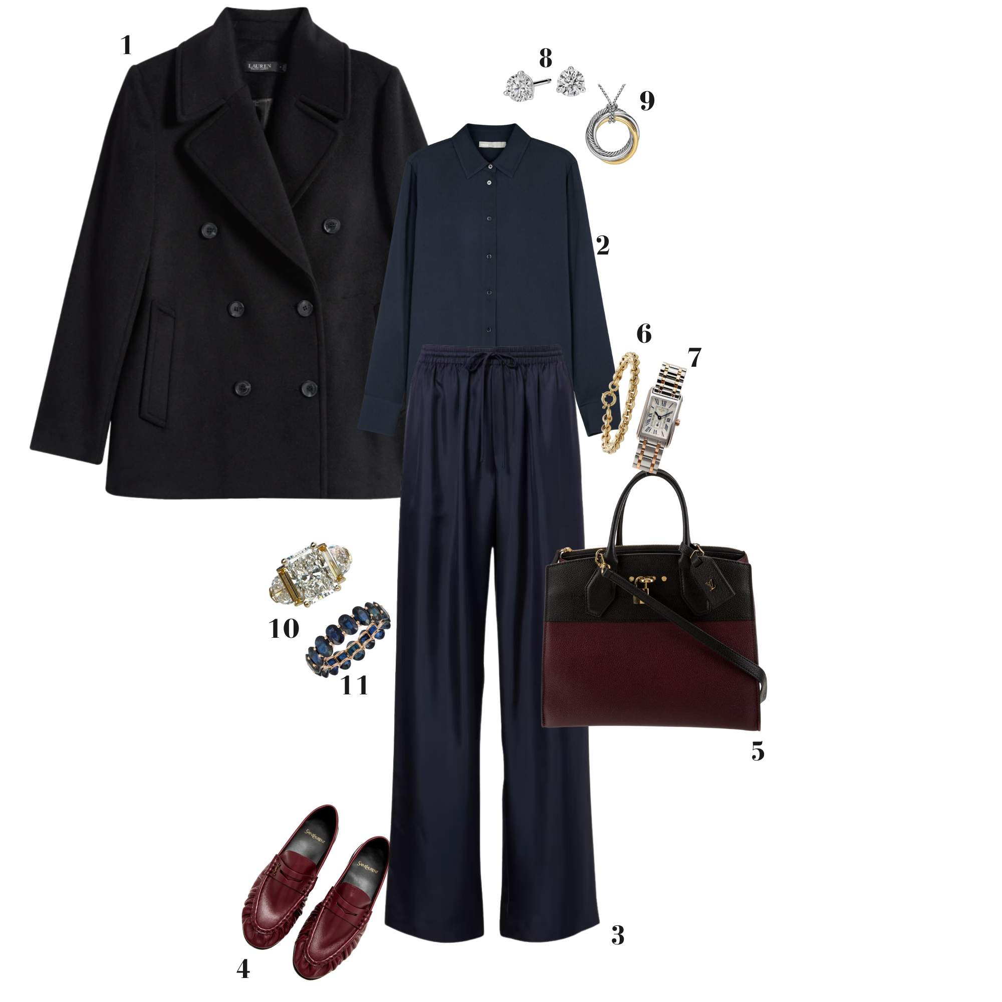 A numbered collage of women's attire featuring a black double-breasted peacoat, a navy button-down shirt and silk trousers, burgundy loafers, a matching tote bag, and various jewelry pieces.