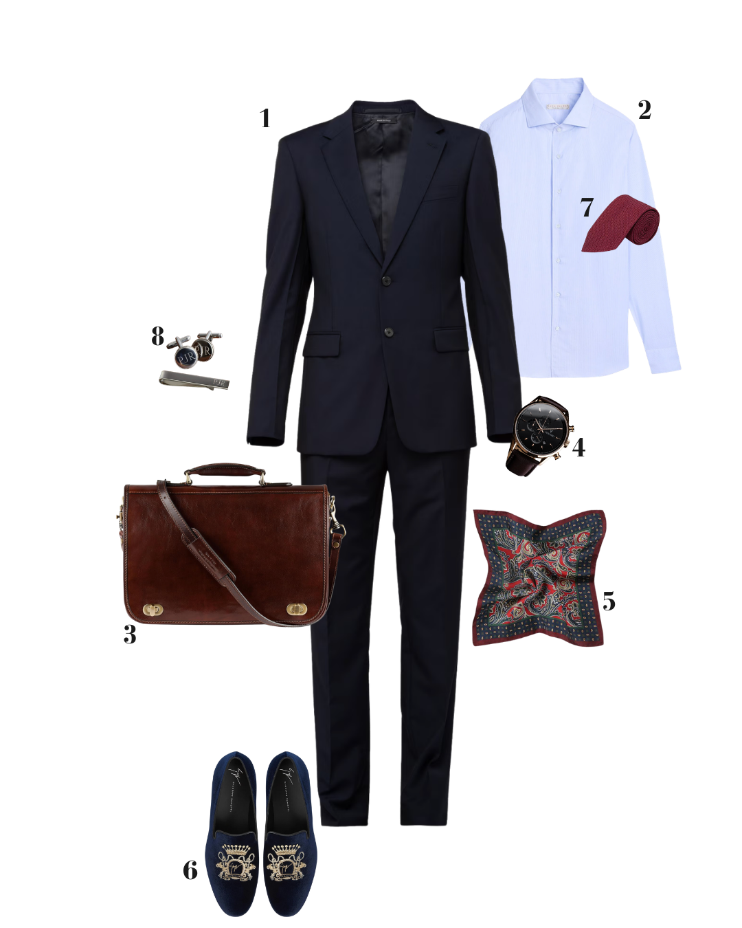 A numbered collage of men's formal attire featuring a navy suit, light blue dress shirt, brown leather briefcase, embroidered navy velvet loafers, and classic accessories.