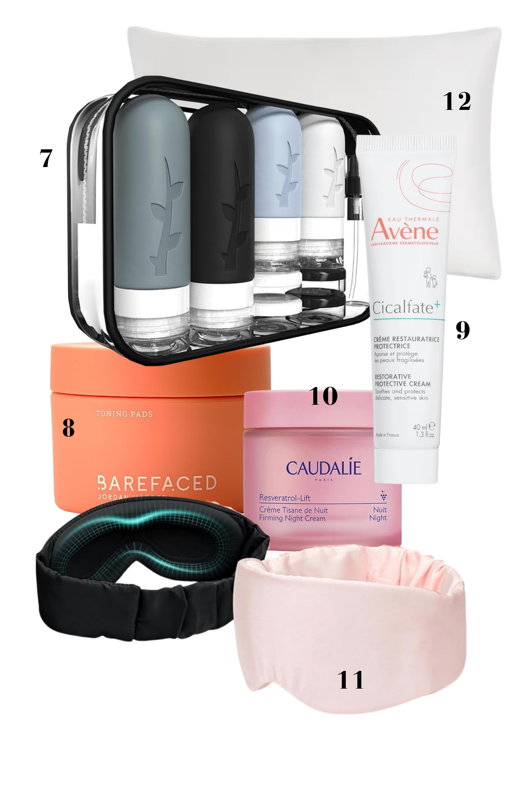A numbered collage of evening essentials including a clear toiletry bag with travel bottles, toning pads, night creams, a pillowcase, and two sleep masks.