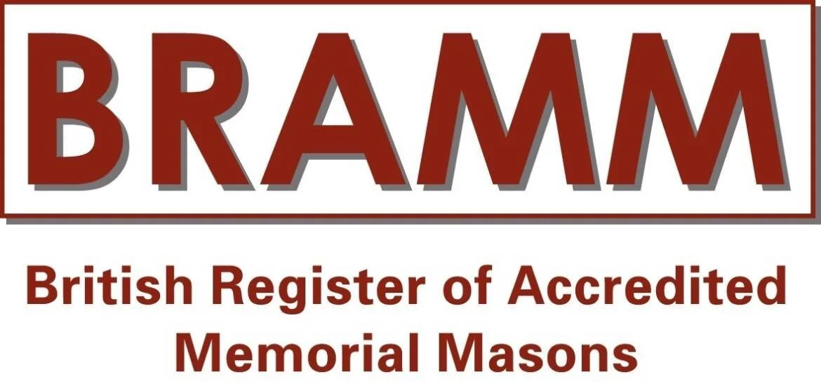 Logo for BRAMM, British Register of Accredited Memorial Masons, with large maroon text on a white background