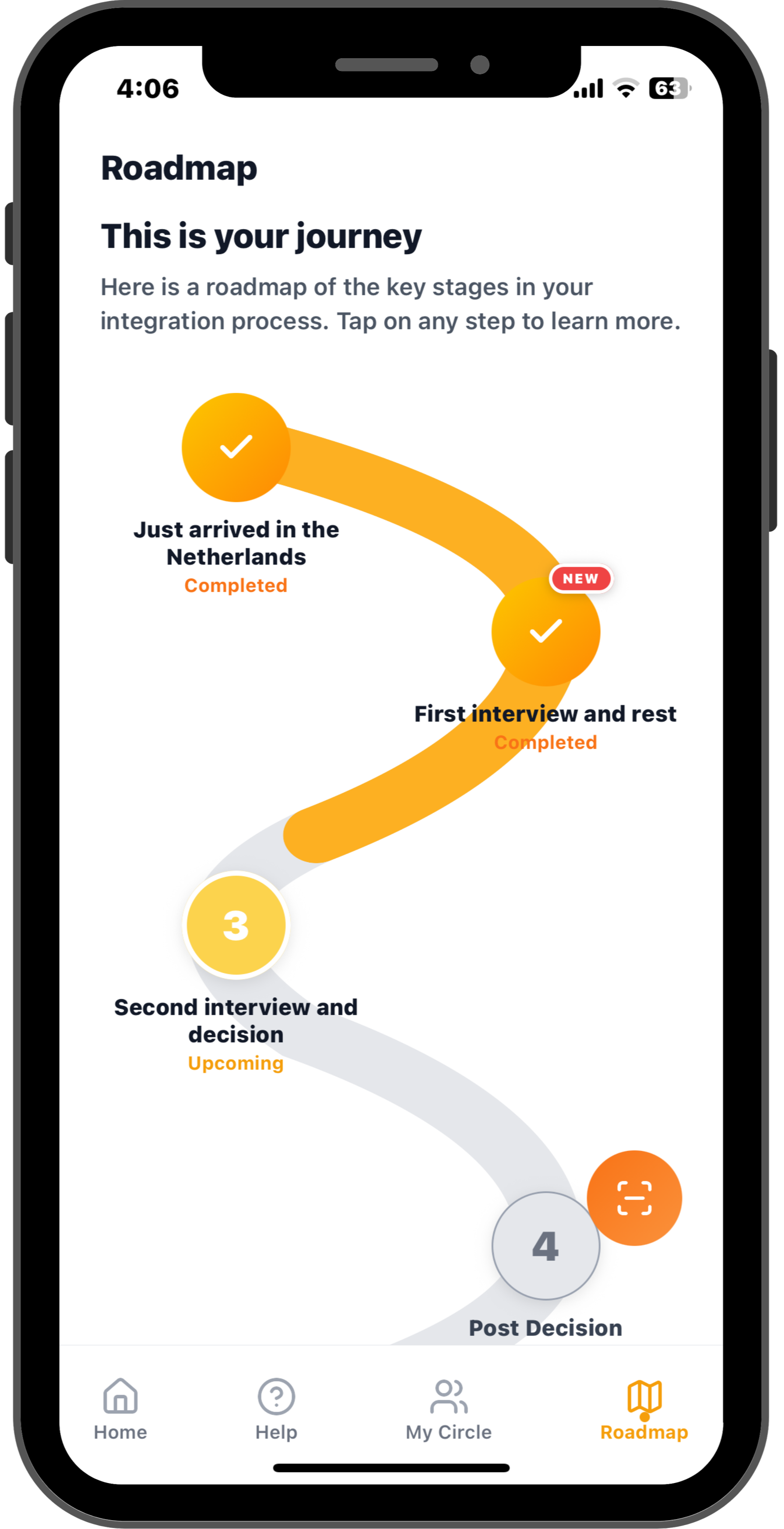 Liven Chat screen displaying a roadmap of key stages in integration process. The stages include arriving in the Netherlands, first and second interview, and post-decision, with status indicators like completed, upcoming, new, and in progress.