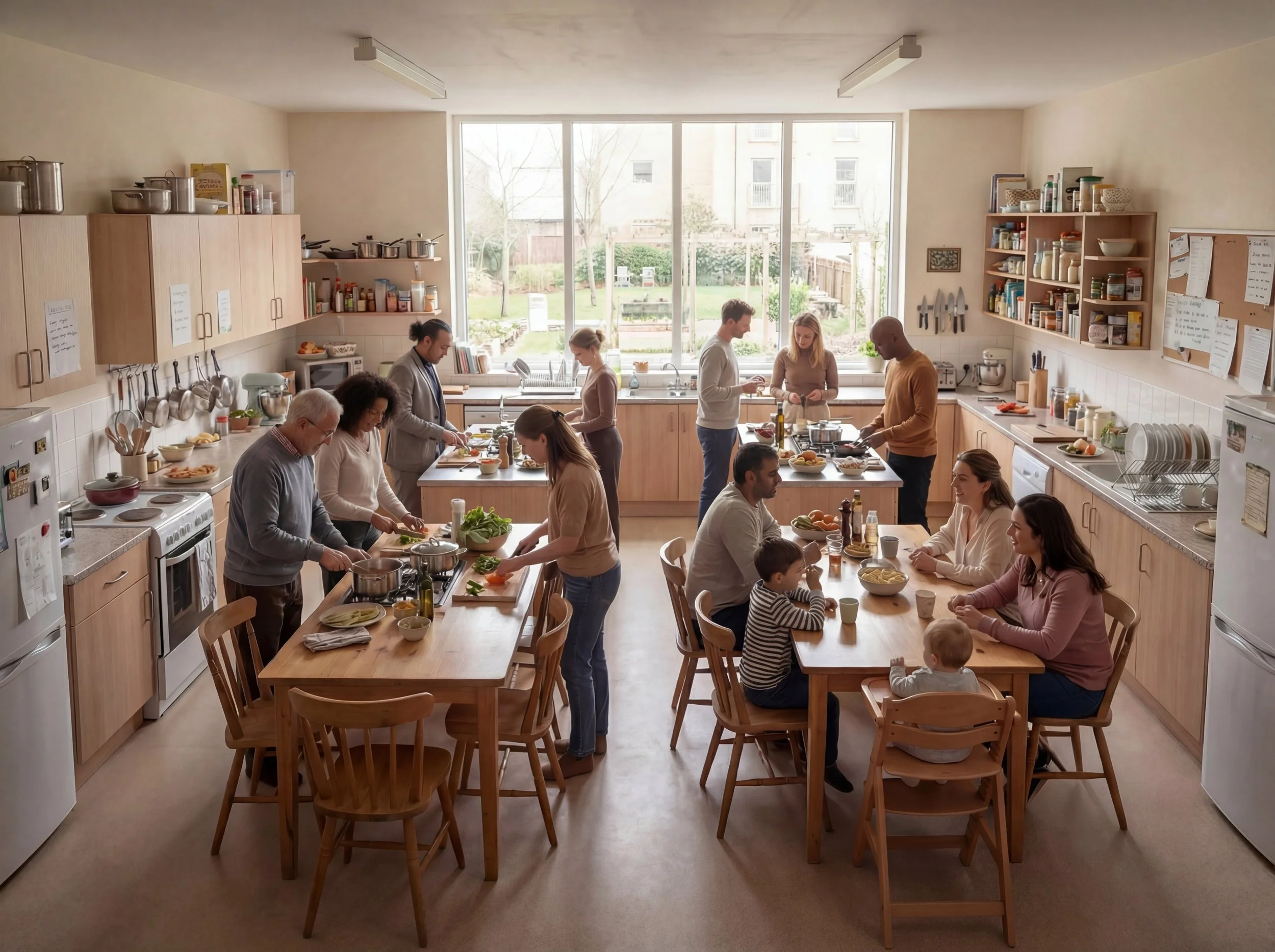 A group of people preparing and eating a meal in a large, well-lit kitchen with a big window and wooden cabinets.