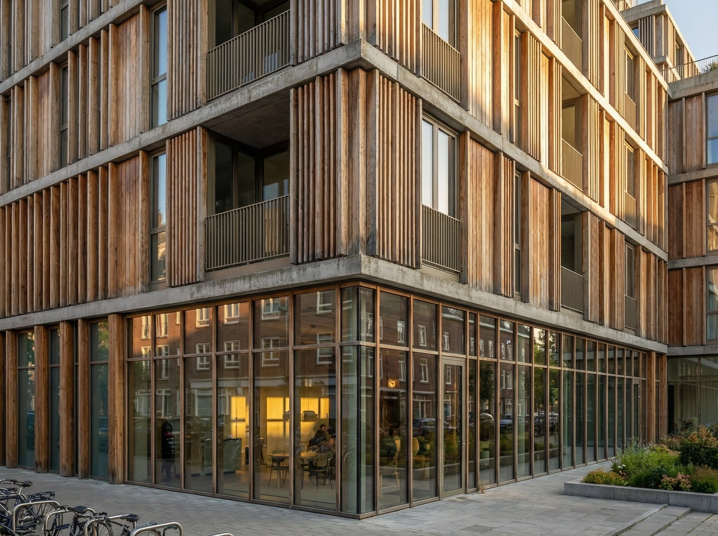 Modern multi-story building with wooden panel exterior and large glass windows, with a small garden and bicycles outside.