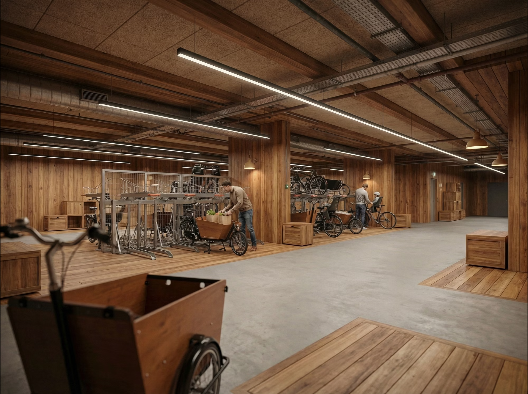 An indoor bicycle storage area with wooden flooring and walls, featuring multiple bikes hanging on racks, with people organizing and handling bikes.