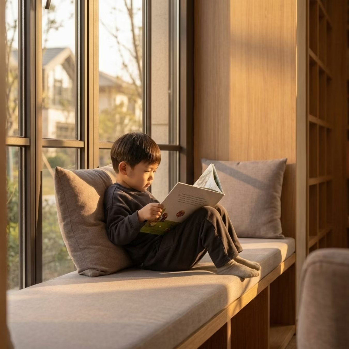 A young boy sitting on a cushioned window seat, reading a book during sunset with warm light.