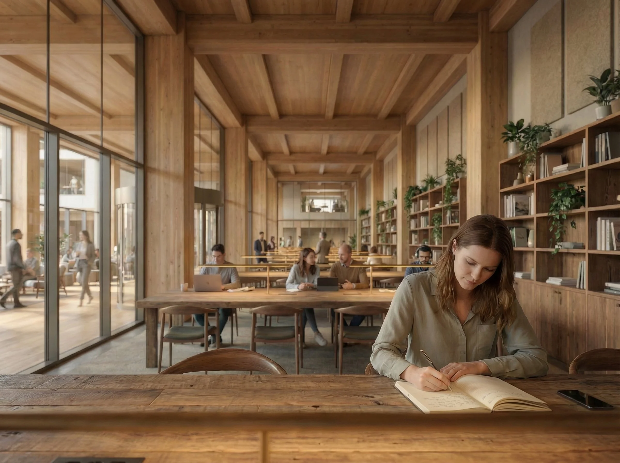 A woman sitting at a wooden table in a cozy, well-lit library or cafe, writing in a notebook.