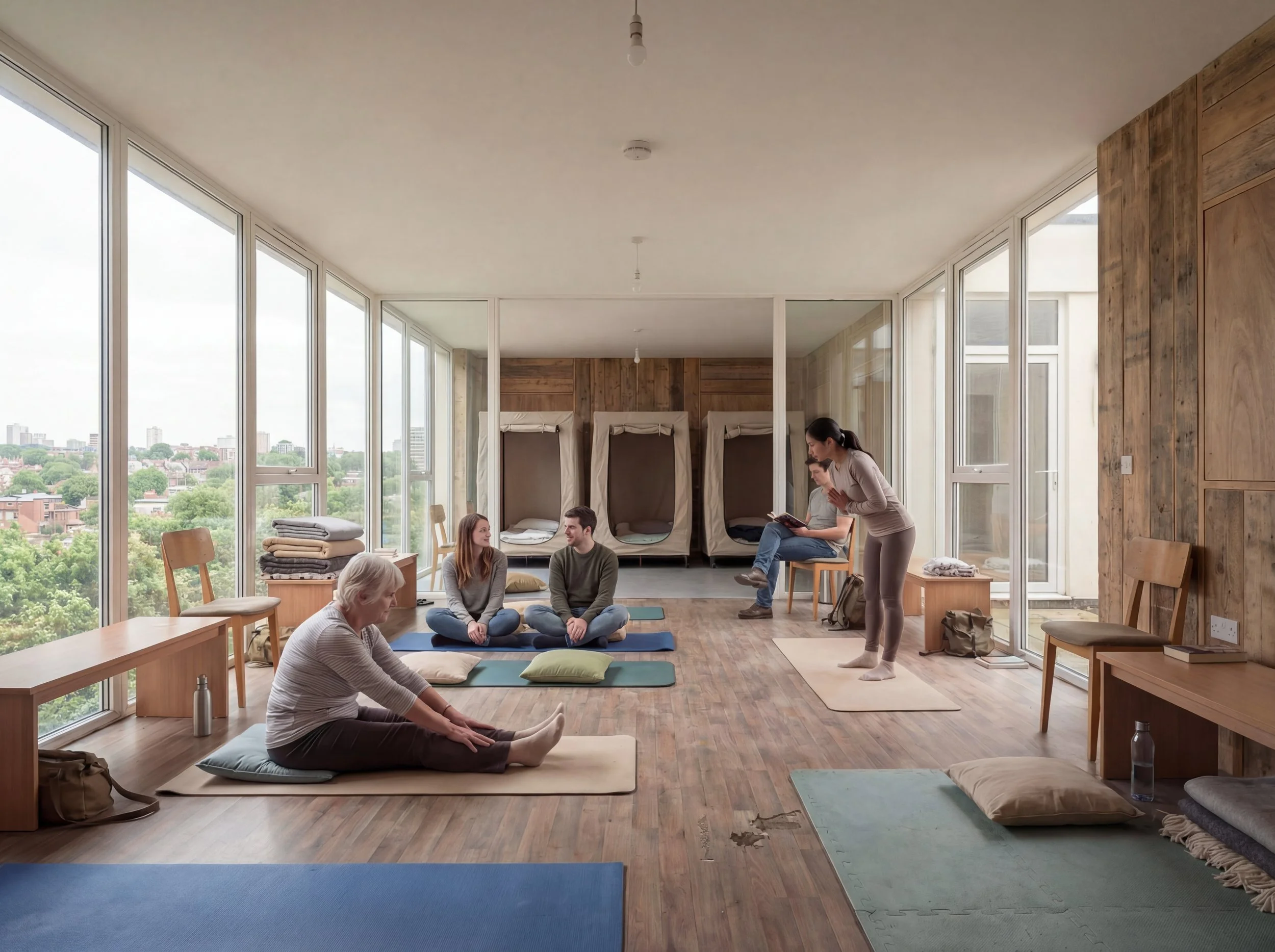 People participating in a gentle yoga or meditation class in a bright, spacious room with large windows, wooden floors, and organic privacy pods in the background.