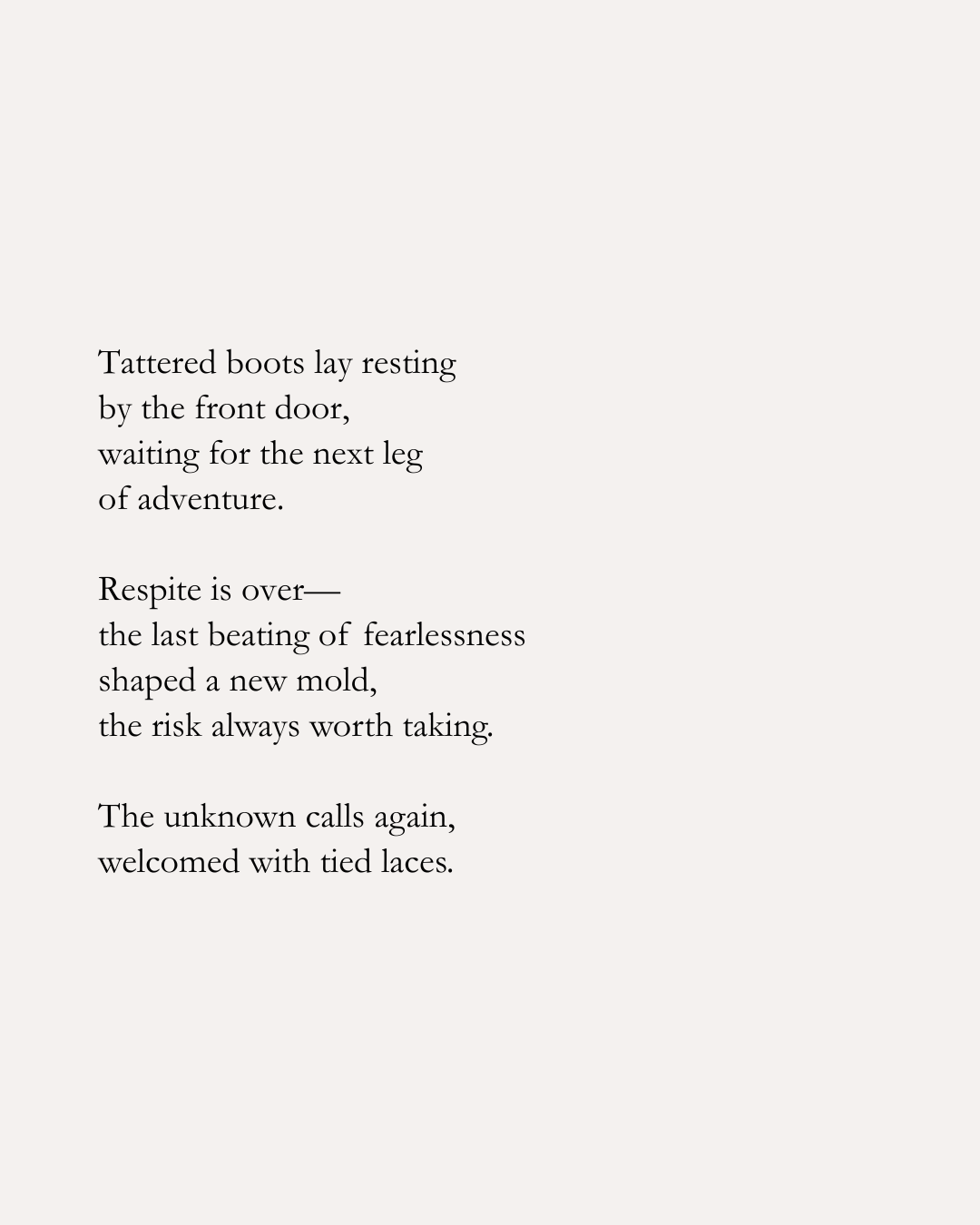 Poem about boots resting by the front door, metaphorically waiting for adventure.