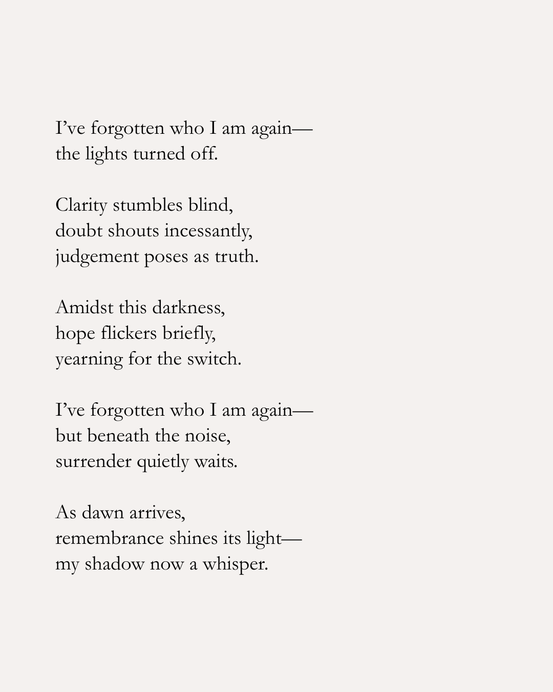 Poetry page with a black text on a white background, featuring a poem about darkness, hope, and self-discovery.