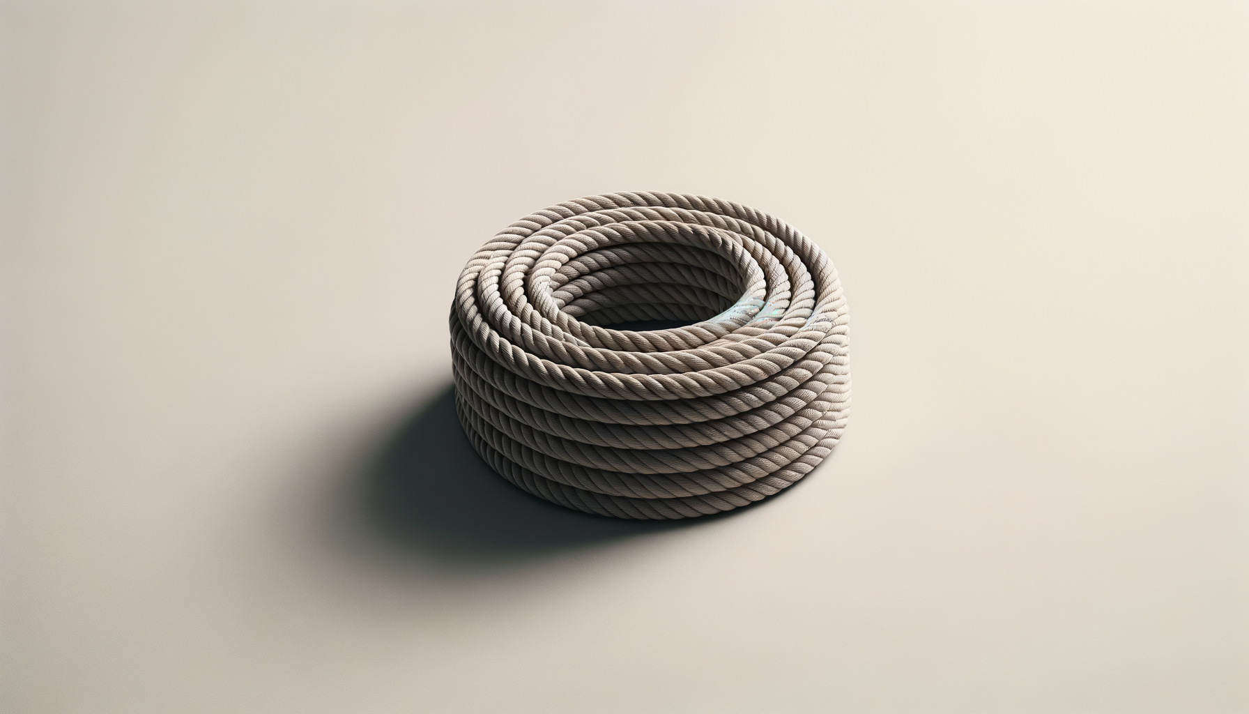 Coiled beige climbing rope on a plain cream background.