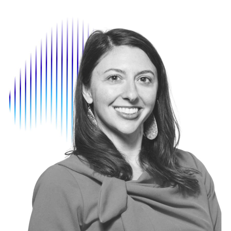 A smiling woman with long dark hair wearing earrings and a blouse with a bow, against a stylized blue background