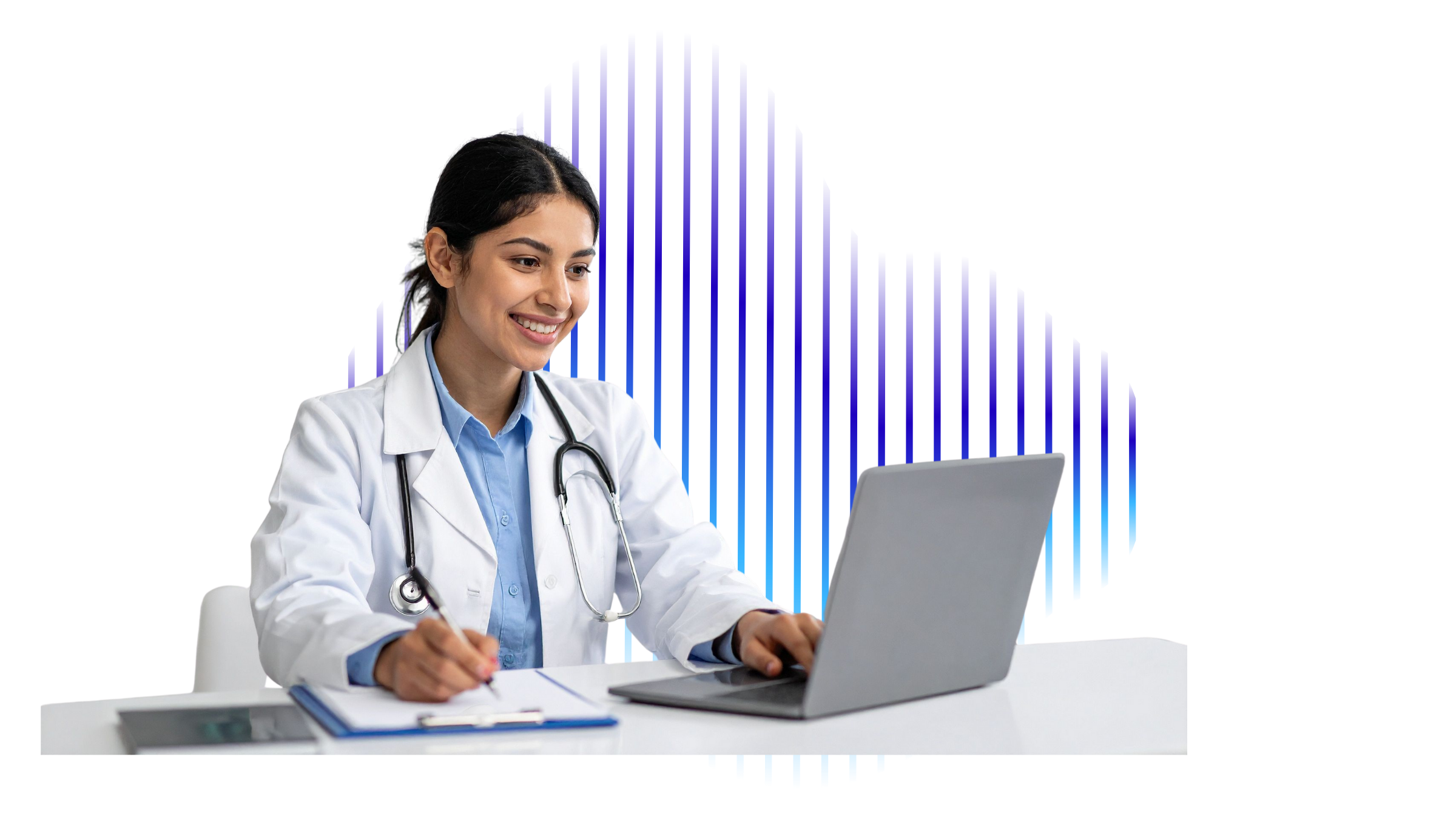 A female healthcare professional wearing a white coat and stethoscope smiling as she uses a laptop at a desk.