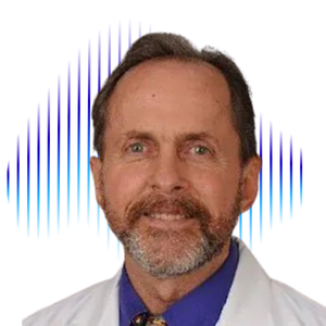 Portrait of a middle-aged man with dark hair and beard, wearing a white coat and blue shirt, with a digital-colored background.