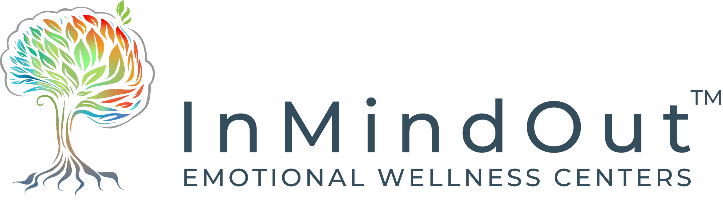 Colorful logo for Inner MindOut Emotional Wellness Centers, featuring a stylized tree with multicolored leaves and roots, and the name of the wellness center.