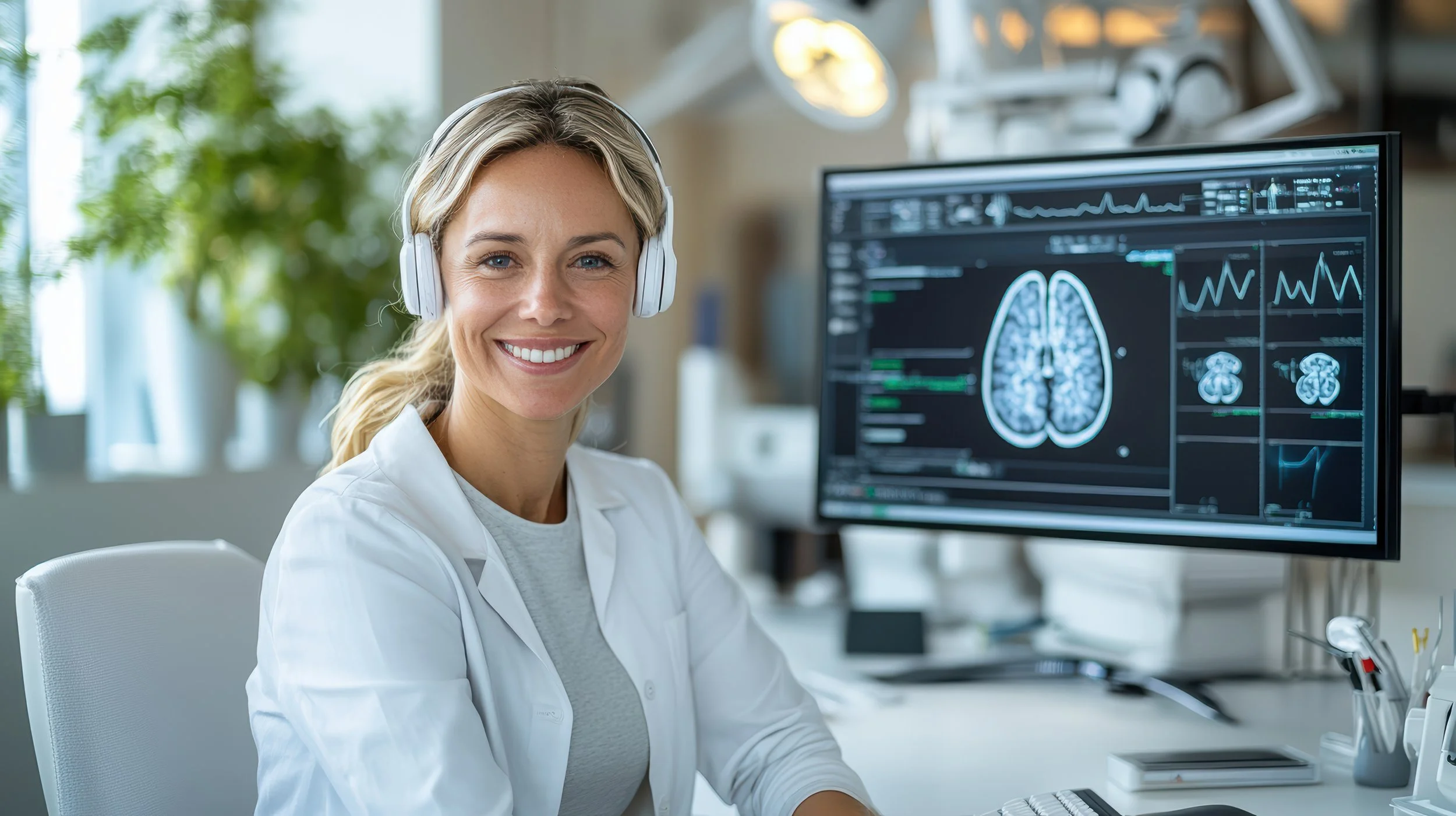 A medical researcher in a white lab coat with blonde hair, sitting at a desk with a large computer monitor displaying brain scans and medical data, smiling at the camera in a bright, modern laboratory.
