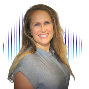 Portrait of a smiling woman with long blonde hair, wearing a light blue top, against a colorful background.