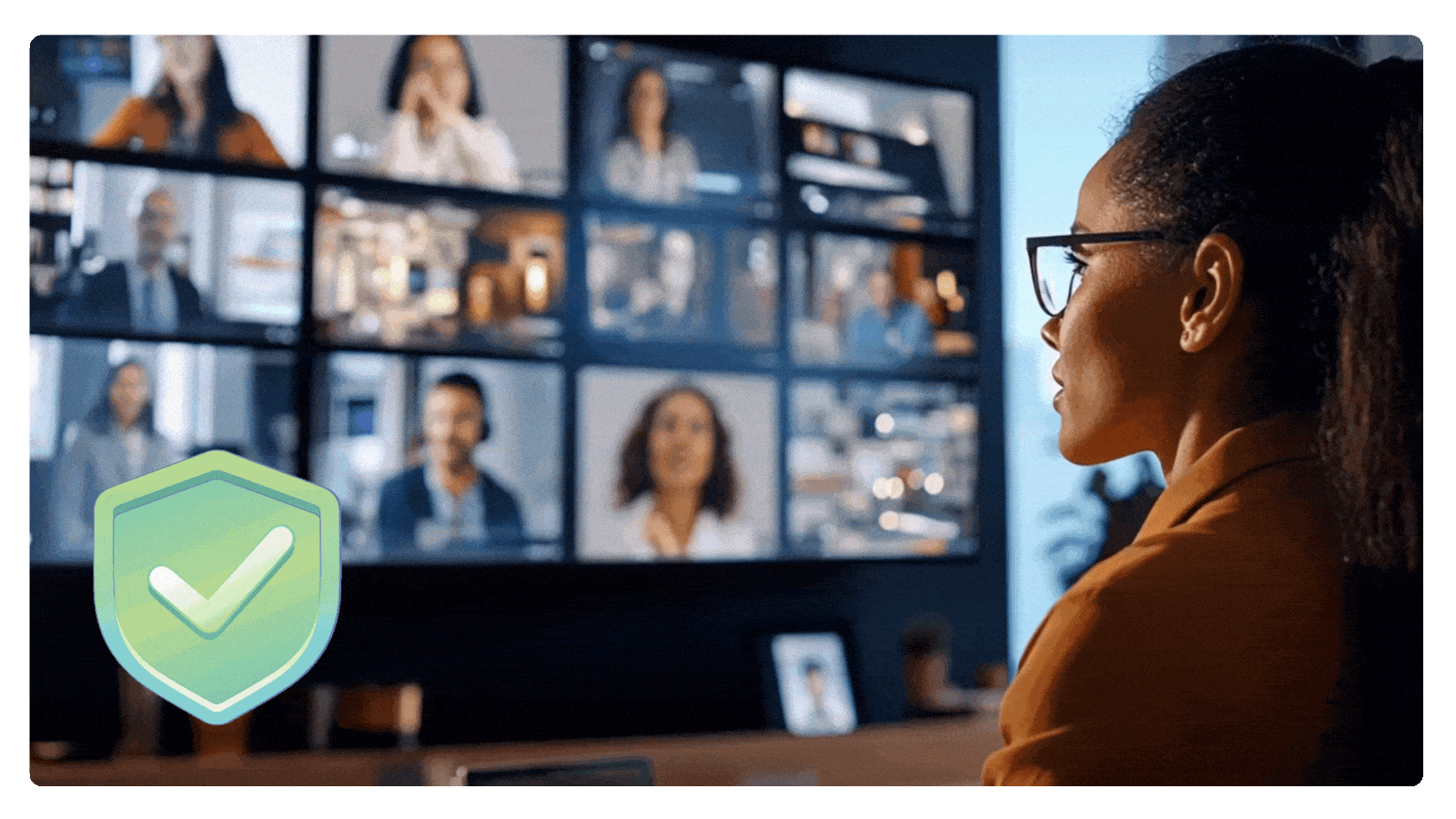 A woman wearing glasses and a brown blazer participates in a video conference with multiple people displayed on a large screen.