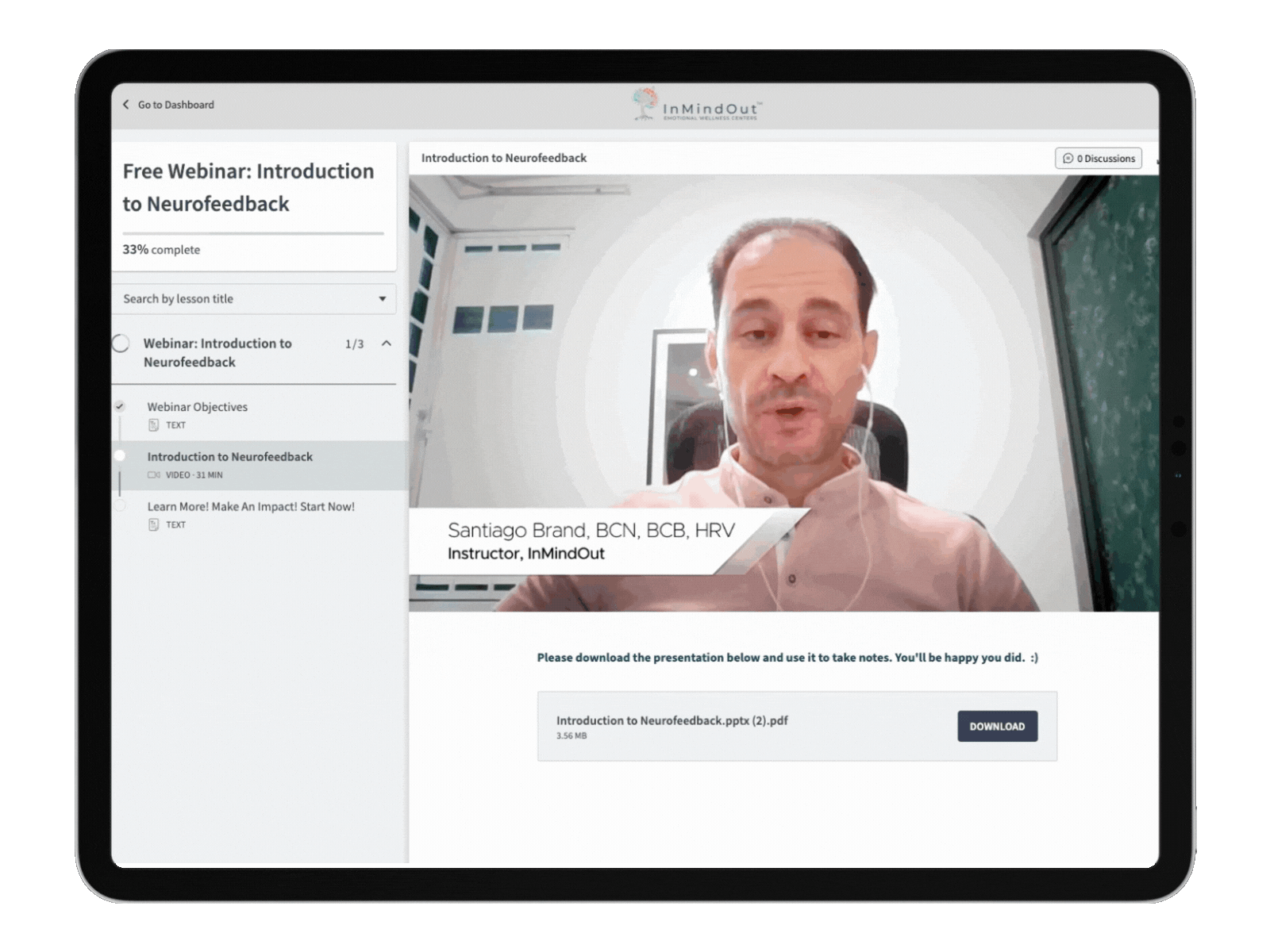 A tablet screen displaying an online webinar on neurofeedback with a speaker, Santiago Brand, visible on the right side. The left side shows the webinar outline including objectives and a download link.