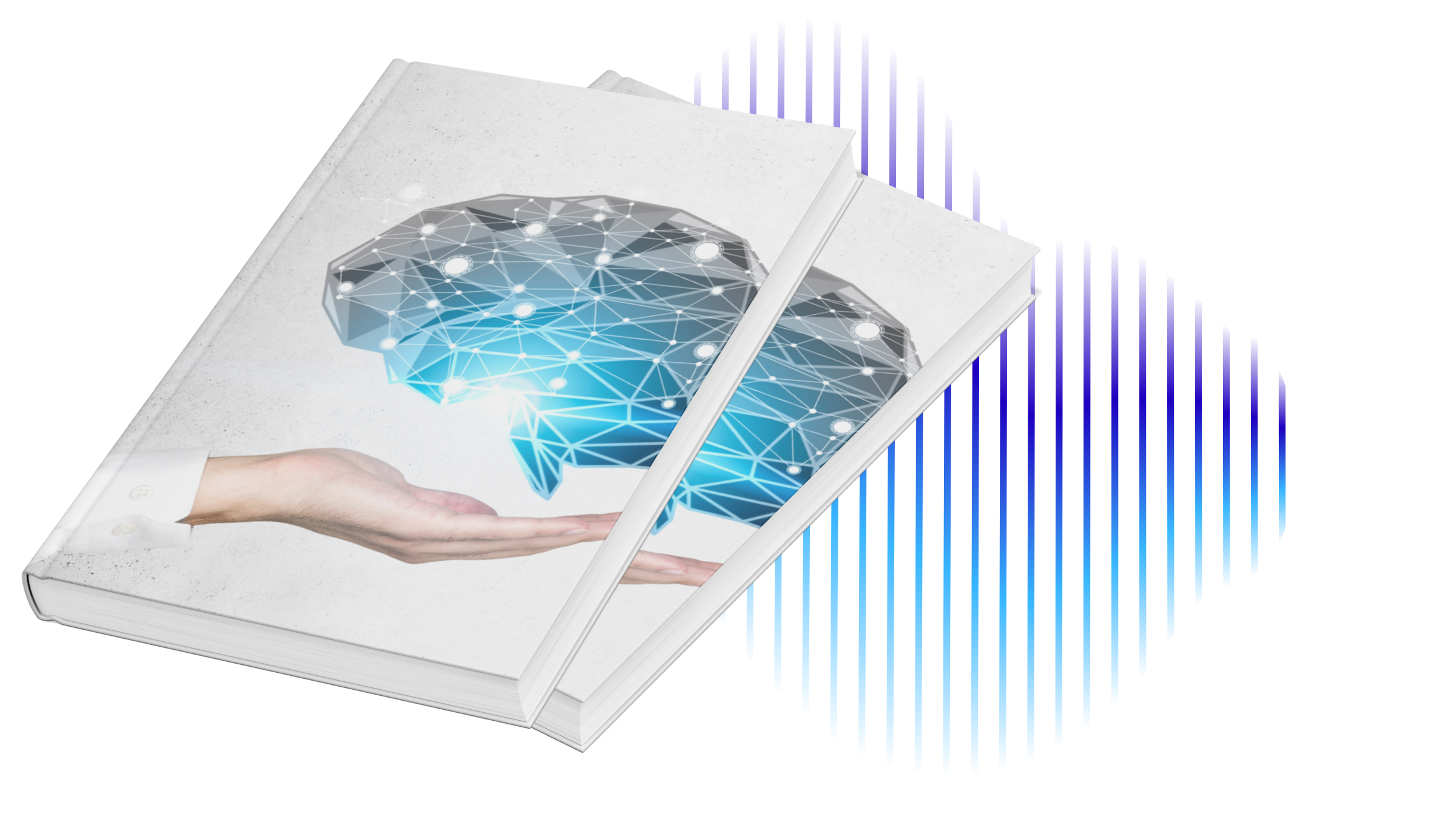 A stack of white books with a digital illustration of a human brain made of interconnected lines and dots on the cover, with a hand supporting the books.