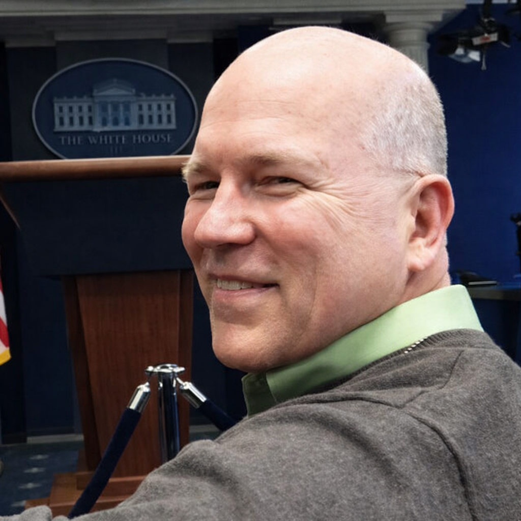 Smiling man with a bald head in front of a White House sign at the White House briefing room.