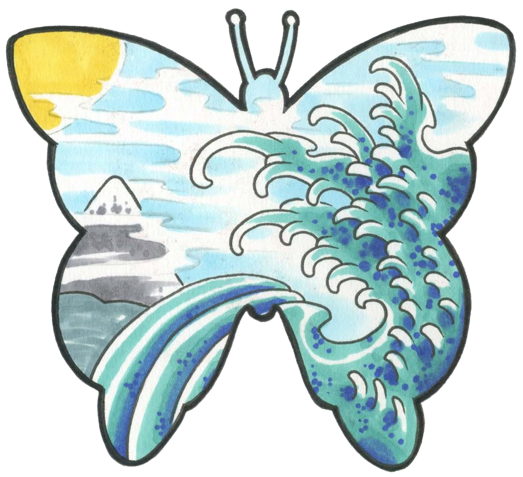 A butterfly with wings featuring ocean waves, a mountain, and the sun.
