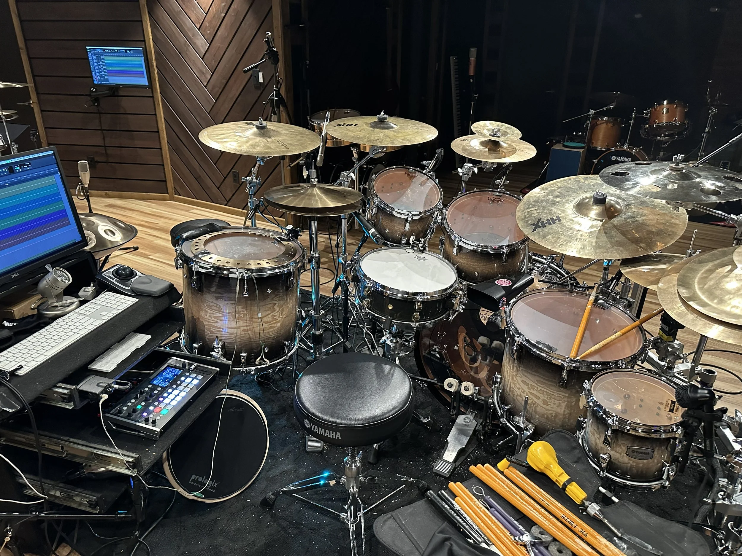 Back view of Dave Weckl's Yamaha PHX drum set in the studio