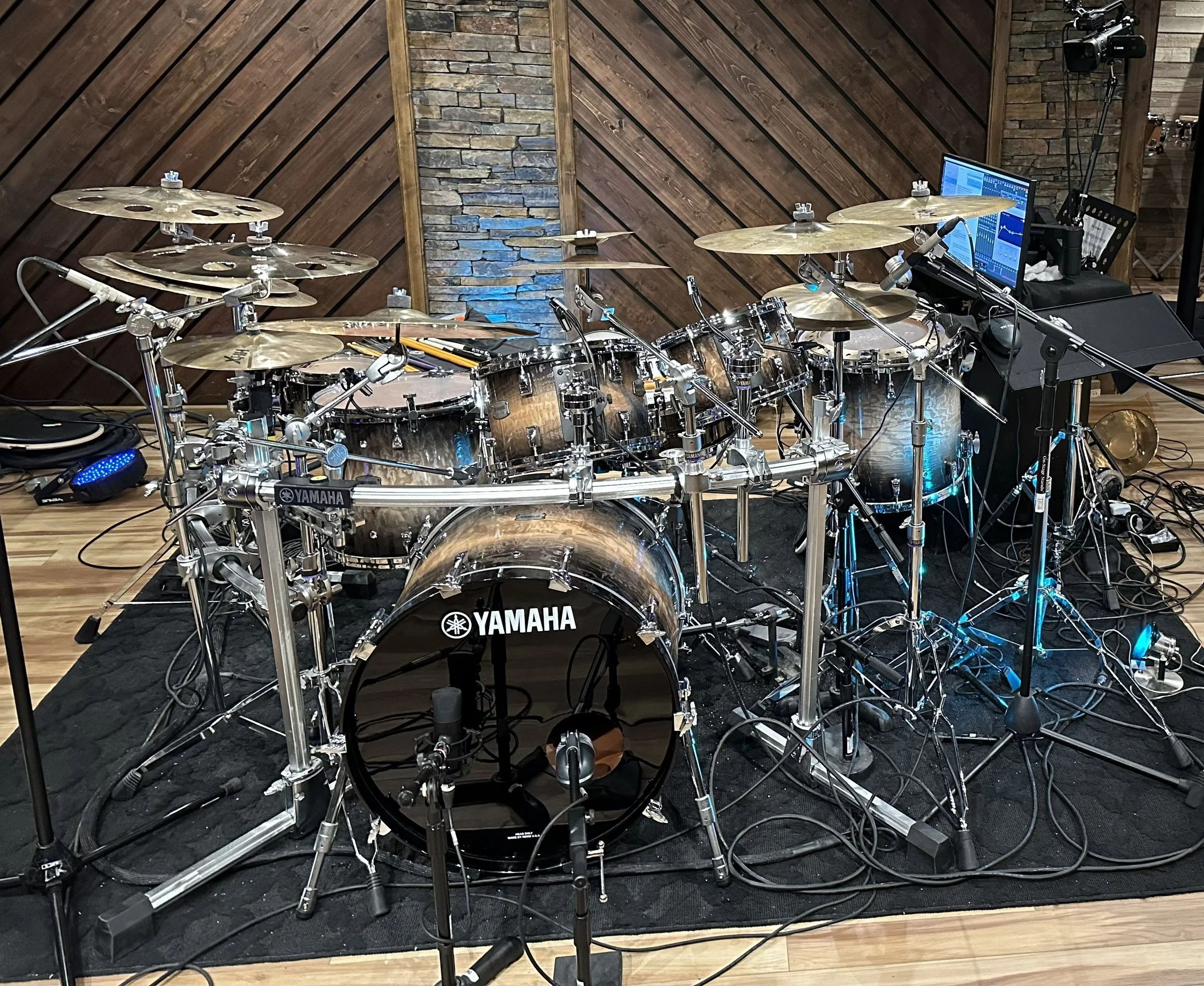 Front view of Dave Weckl's Yamaha PHX drum set in the studio