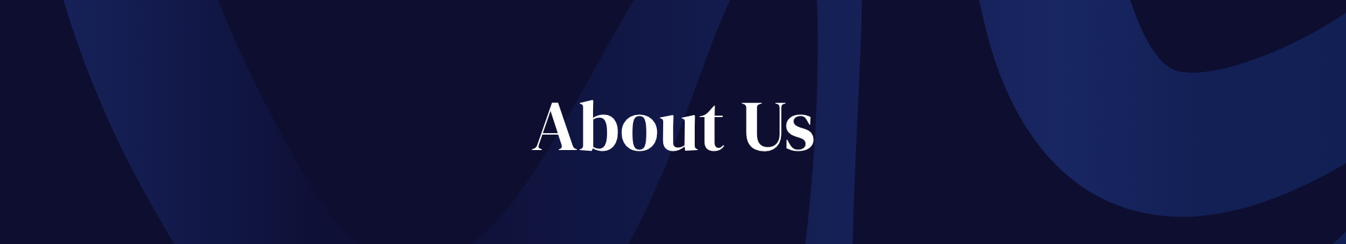 A navy blue background with abstract dark blue shapes and the white text 'About Us' in the center.