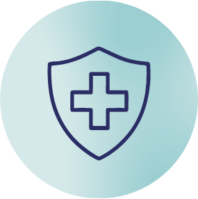 Shield with a medical cross symbol in the center on a light blue background.