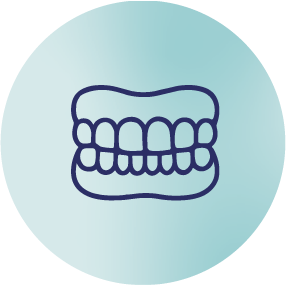 Line drawing of human teeth in an open mouth on a light blue background.
