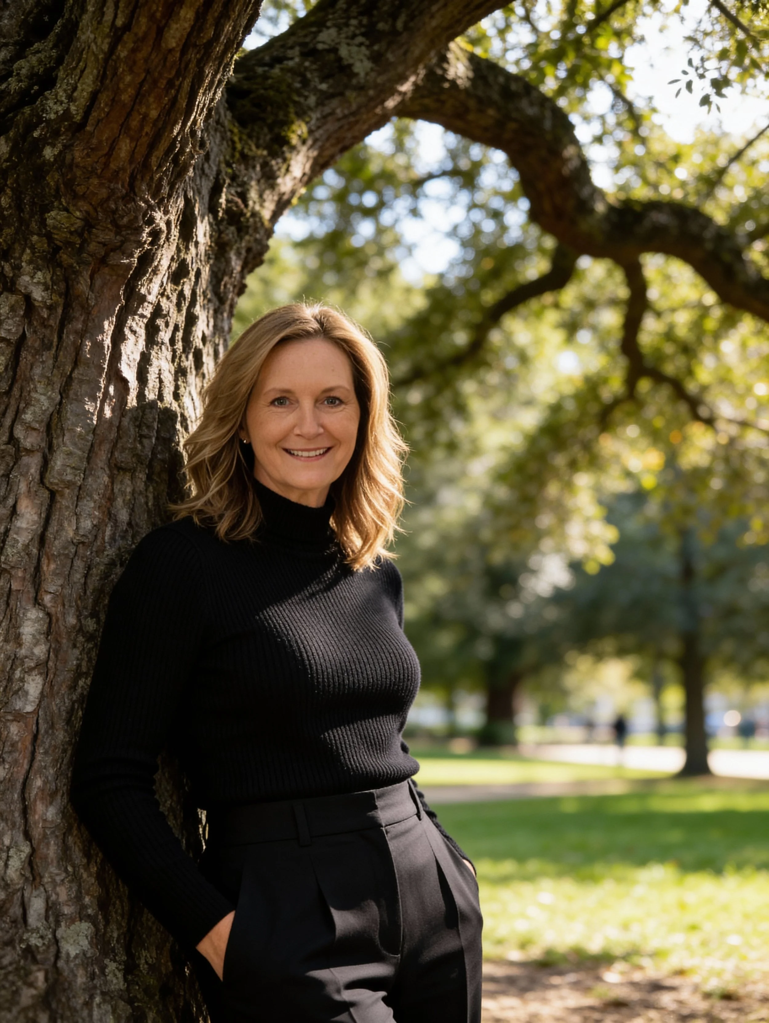 A woman with shoulder-length blonde hair, wearing a black turtleneck sweater and black pants, leaning against a large tree outdoors in a park, smiling at the camera with sunlight filtering through the leaves.