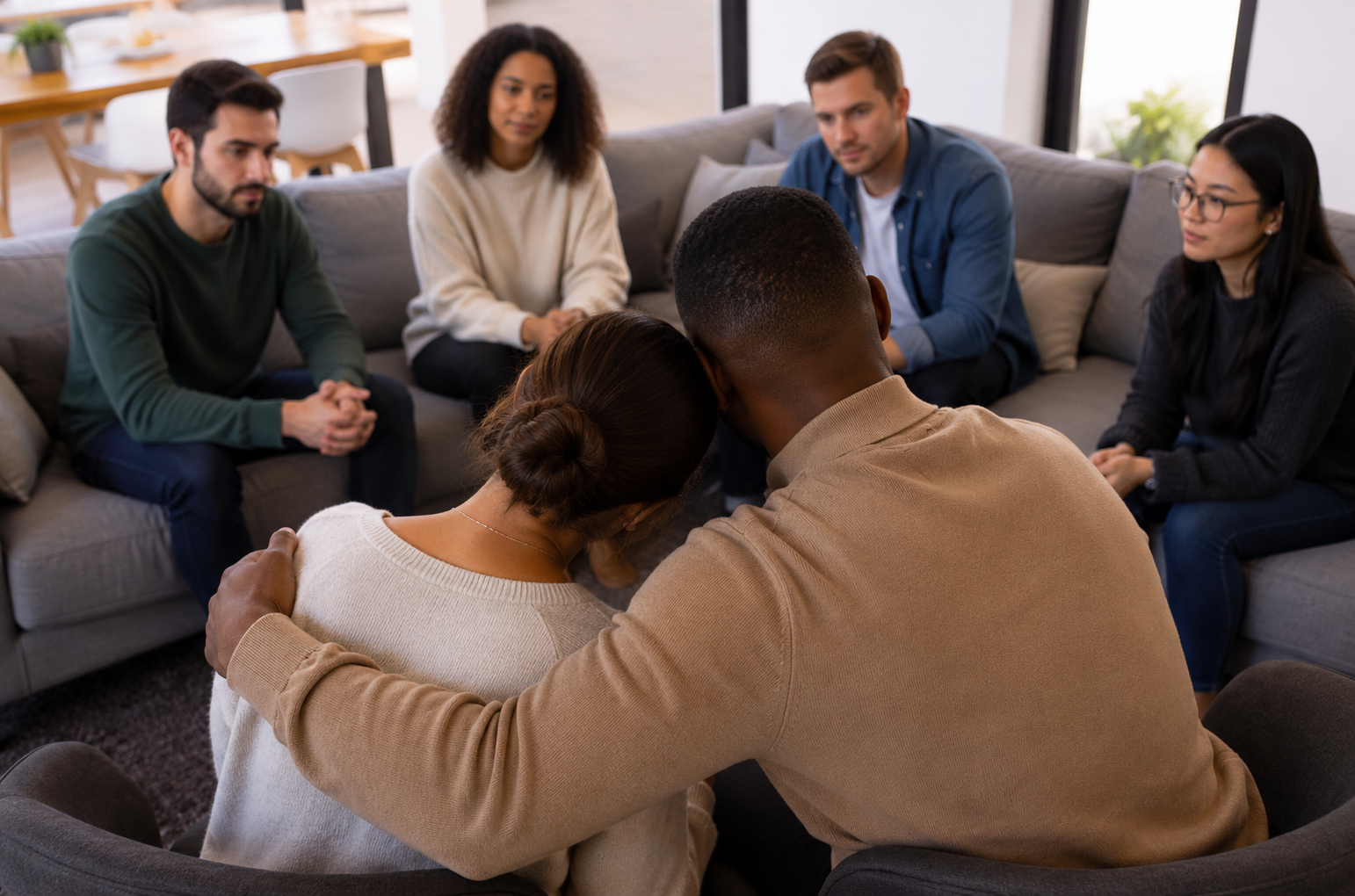 A group of six people seated on sofas and chairs engaged in a serious discussion or support group meeting in a bright living room.