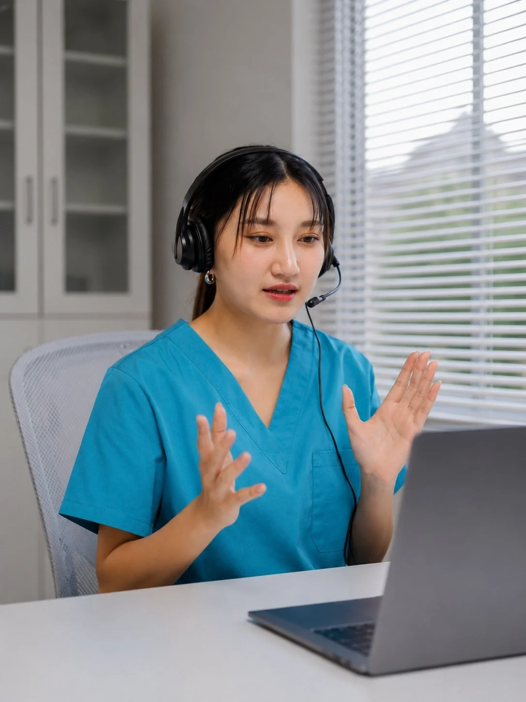 A young woman in blue medical scrubs with a headset, sitting at a desk with a laptop in front of her, raising her hands slightly while communicating through the headset.
