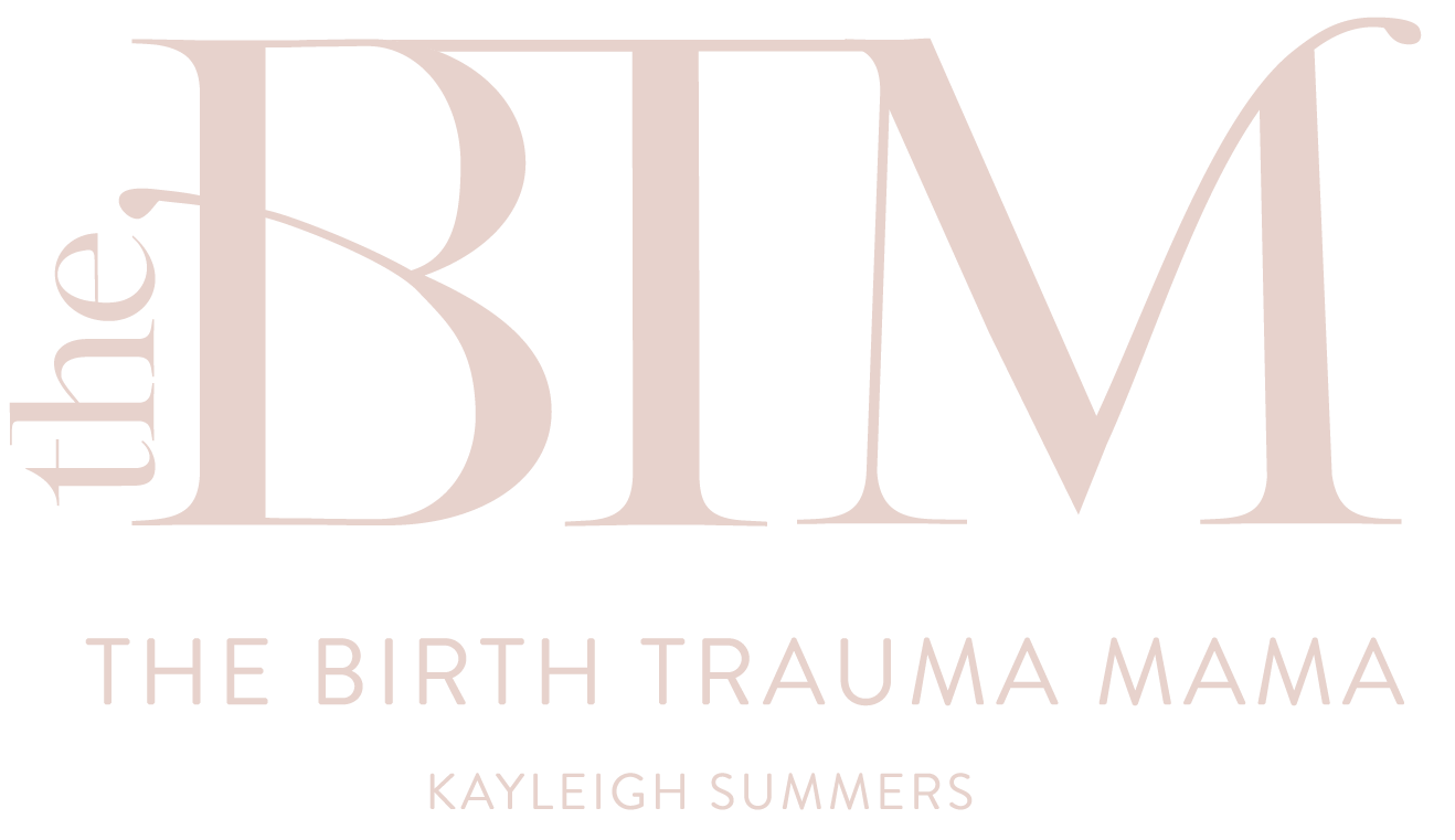 Book cover titled "The BTM: The Birth Trauma Mama" by Kayleigh Summers with large stylized text "BTM" and text in smaller font "the" and "the birth trauma mama".