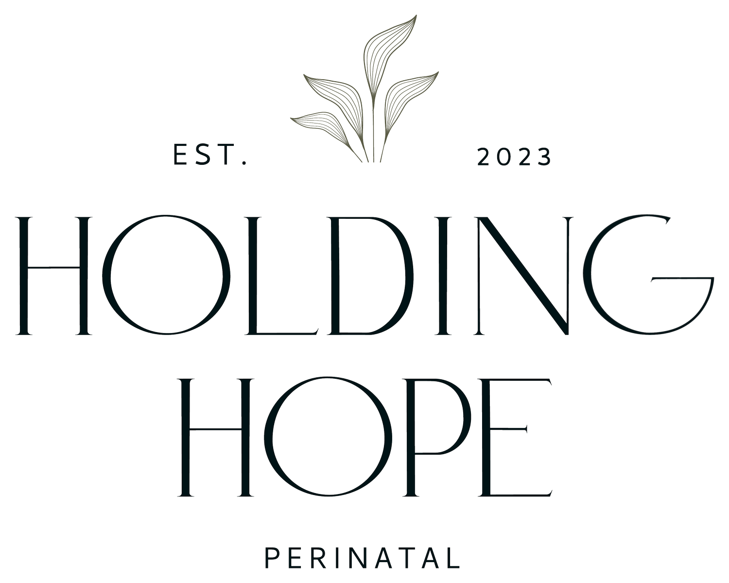 Logo for Holding Hope Perinatal, featuring a stylized plant with three leaves and the words "EST. 2023" above, "HOLDING HOPE" in large font, and "PERINATAL" below.